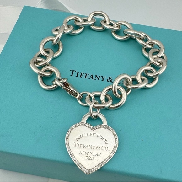 🦄 RARE Tiffany & Co. Sterling Silver Large Diamond Heart Tag Bracelet - Picture 1 of 8